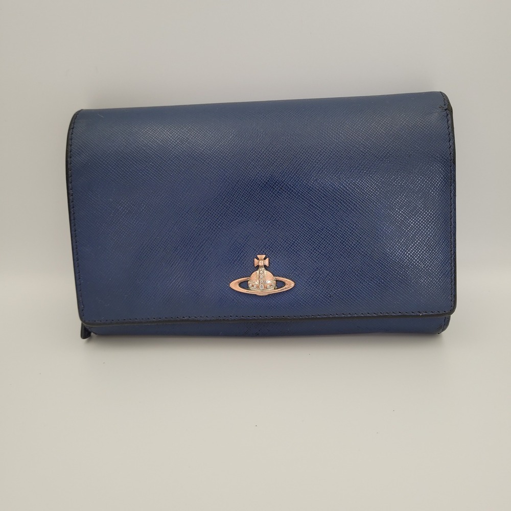 Vivienne Westwood Blue Saffiano Leather Orb Long Wallet Made in Italy